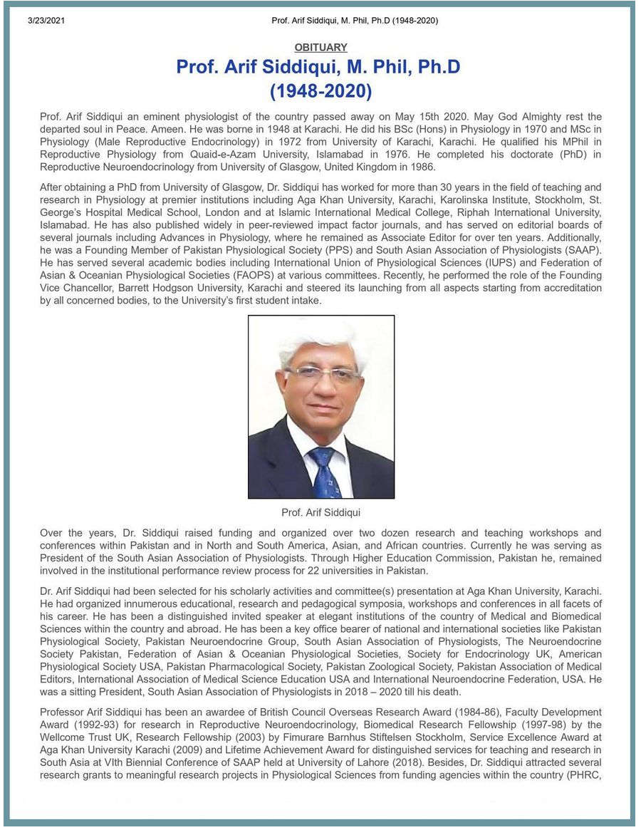 obituary Prof Arif Siddiqui